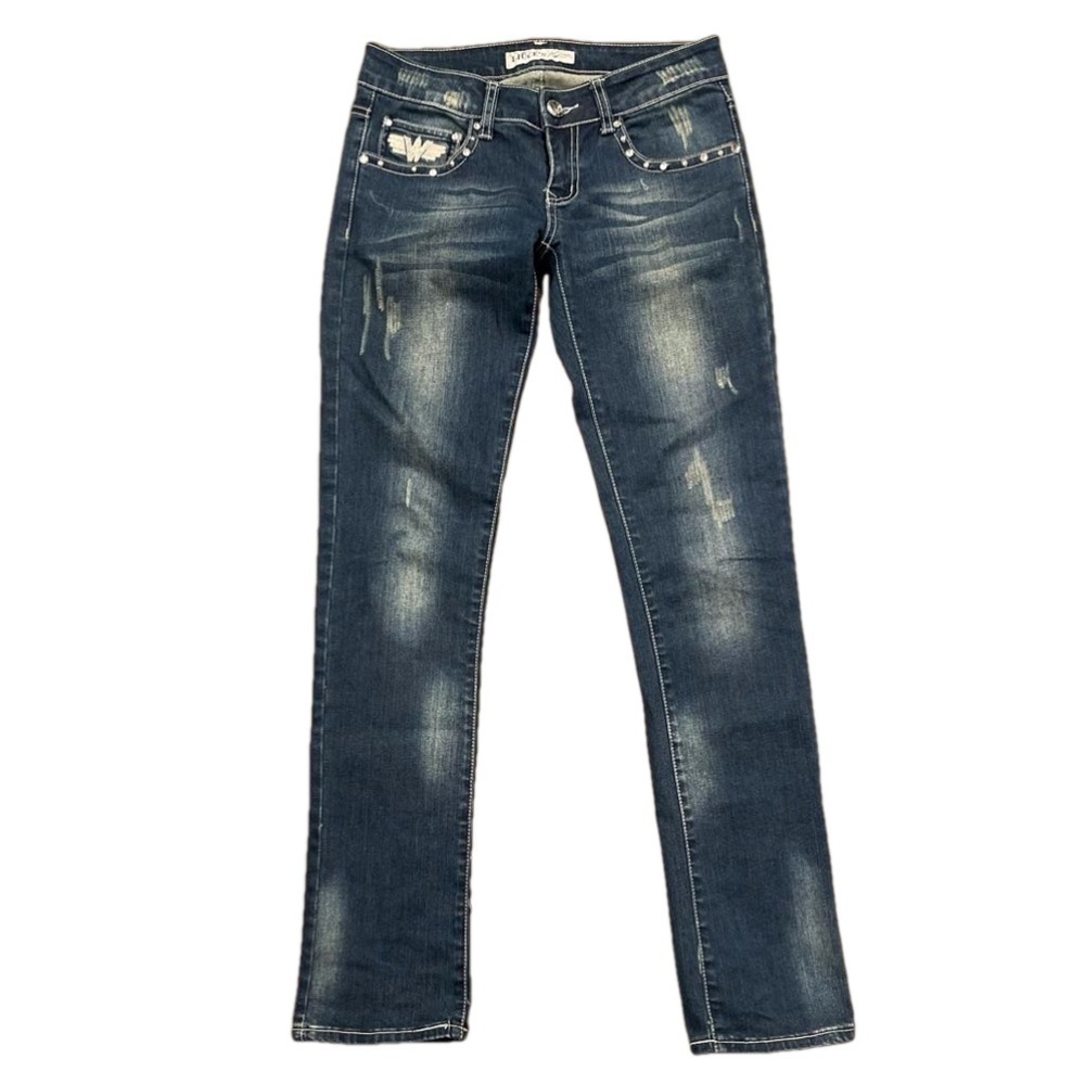 Liuce’s Jeans 3 x 31.5” rhinestones & rivets in distressed low rise slim jeans
